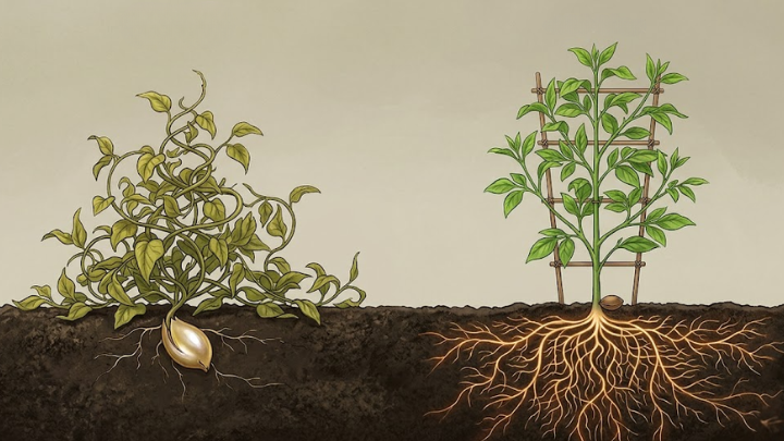 Ilustración comparativa de dos plantas: a la izquierda, una planta marchita con raíces superficiales; a la derecha, una planta verde y saludable con raíces profundas y fuertes.