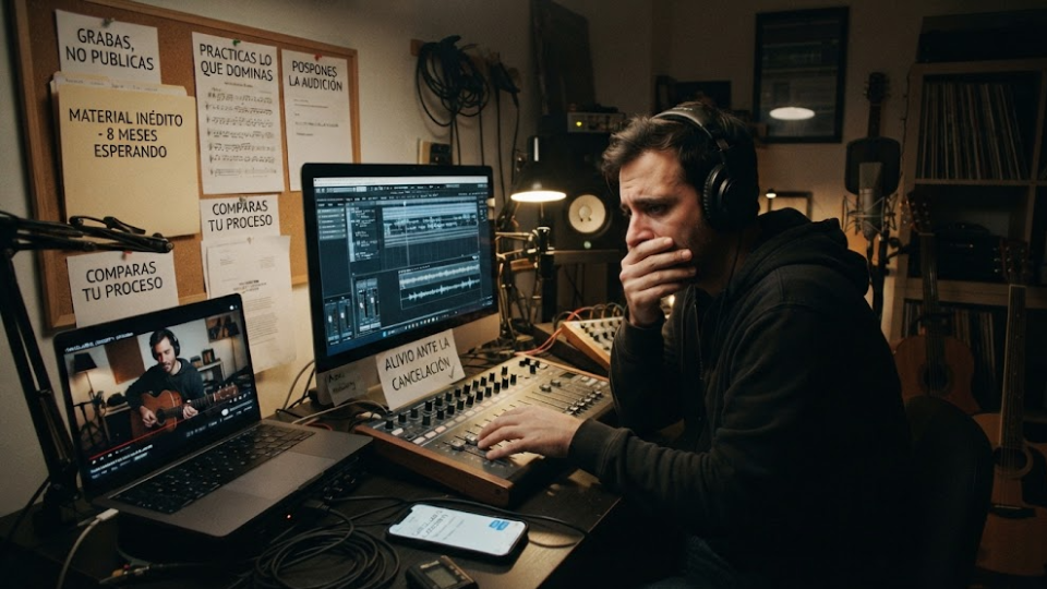 Productor musical estresado en su estudio, rodeado de equipos y notas manuscritas en español que detallan la autocrítica, el miedo a publicar y el perfeccionismo paralizante, con un letrero de 'ALIVIO ANTE LA CANCELACIÓN'