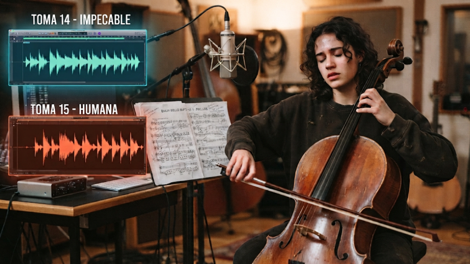 Imagen comparativa en un estudio de música que contrasta la grabación de violonchelo perfecta y estéril ('Toma 14 - Impecable') con una interpretación más natural y dinámica ('Toma 15 - Humana').