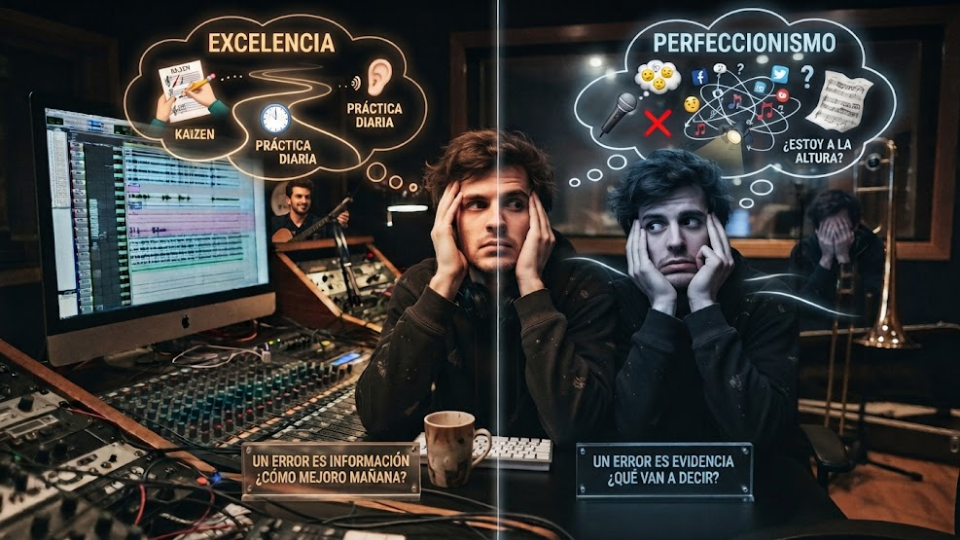 Imagen comparativa que contrasta el concepto de excelencia, enfocado en el crecimiento y la práctica, frente al perfeccionismo, dominado por la duda y el juicio externo, dentro de un estudio de música."