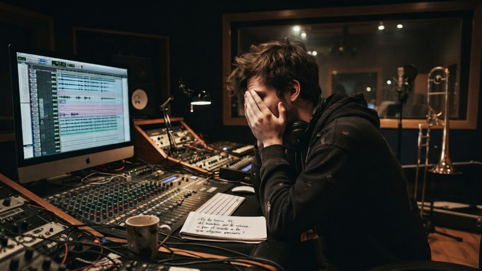 Productor musical abrumado frente a la pantalla de edición, reflejando el bloqueo del perfeccionismo y las dudas sobre un proyecto de audio.
