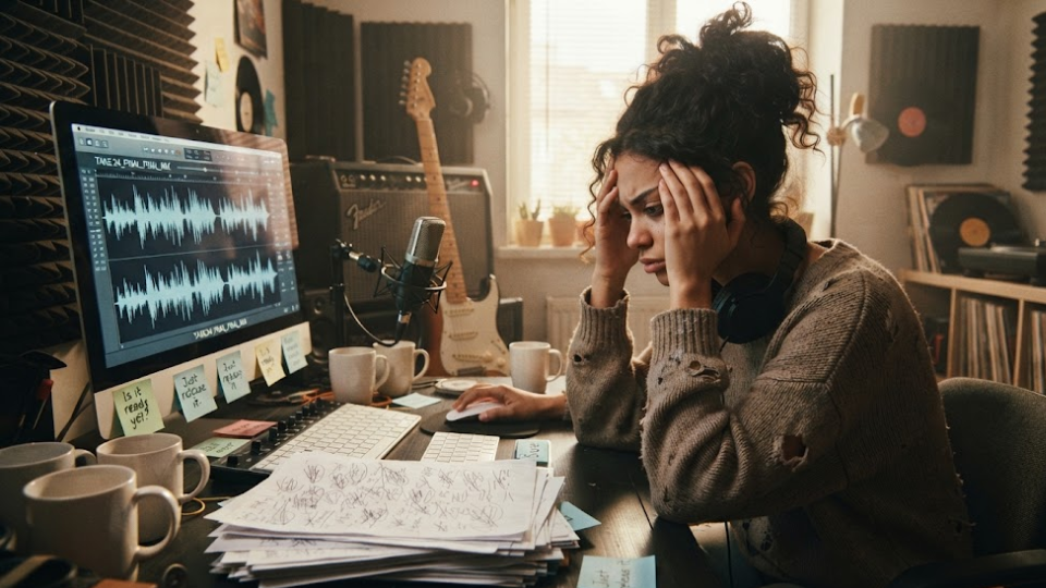 Imagen que representa el bloqueo creativo por perfeccionismo: un músico estresado frente a su estación de trabajo, paralizado por la indecisión sobre una mezcla de audio, rodeado de evidencia de trabajo excesivo y dudas.