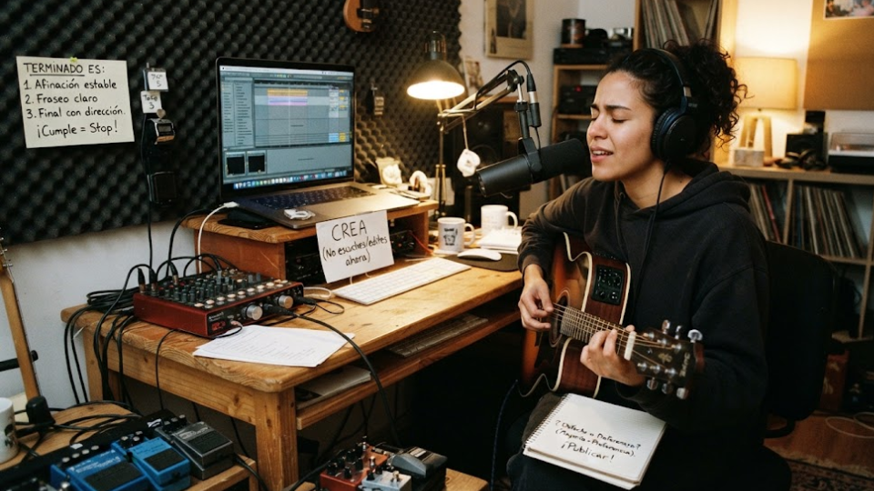 Mujer inspirada, terminando una pieza de guitarra por entregar.
